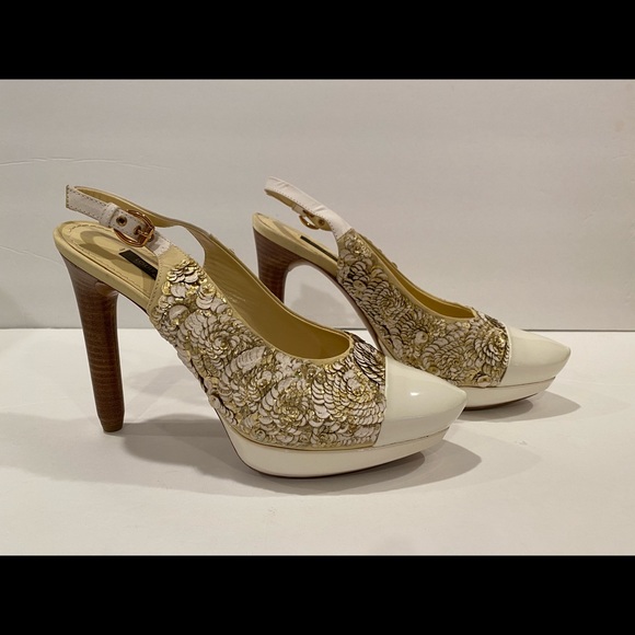 Louis Vuitton patent leather sequin heels pumps slingback white gold 37 - Picture 3 of 11